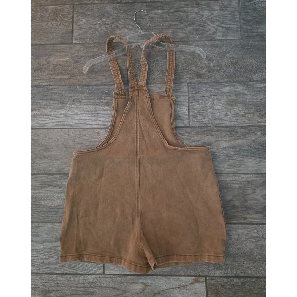Zenana Washed Knot Strap Brown Cotton Blend Romper Shortalls M NEW Patch Pockets - Picture 3 of 9